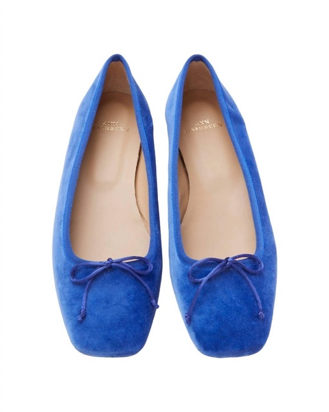 square toe ballet flat shoe in bright blue velveteen