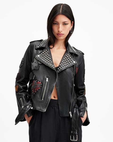 College Relaxed Fit Leather Biker Jacket