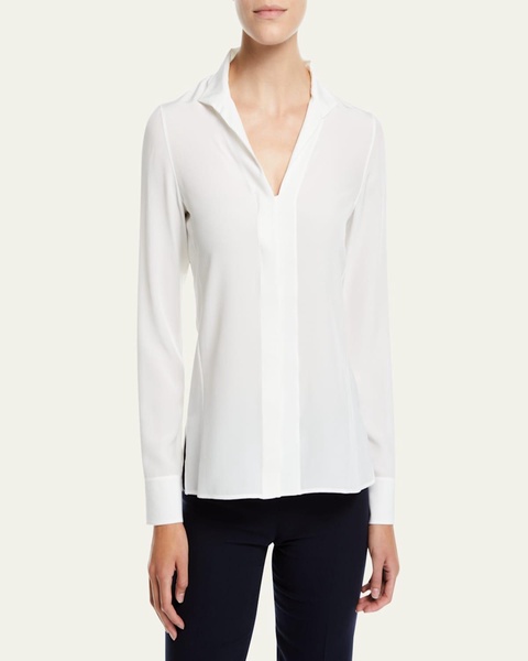 Split-Neck Silk Button-Front Blouse