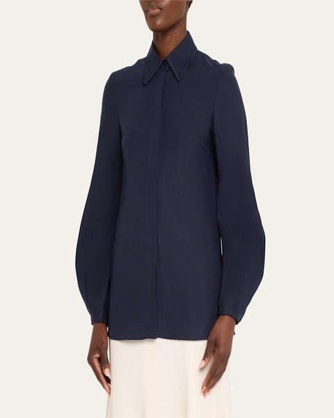 Delmer Stitched-Collar Long-Sleeve Linen Top