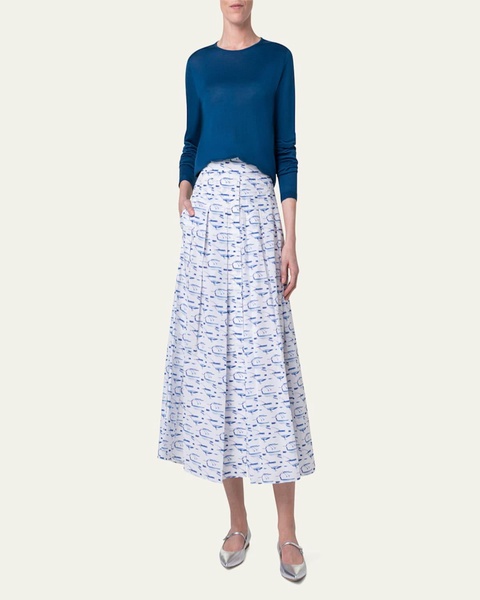 Kasuri Bird Print Pleated Voile Midi Skirt