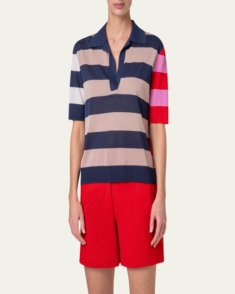 Colorblock Striped Knit Polo Sweater