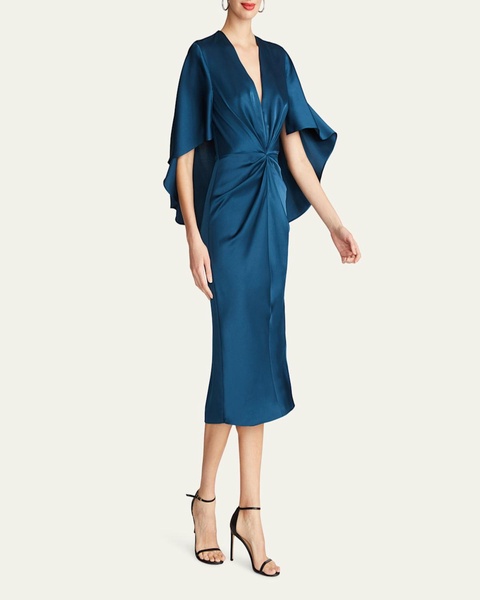 Tomi Pleated Satin Cape Midi Dress