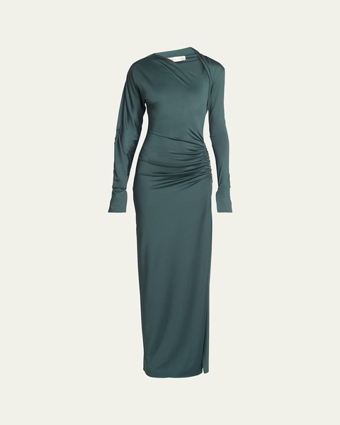 Slash-Neck Long-Sleeve Ruched Jersey Gown