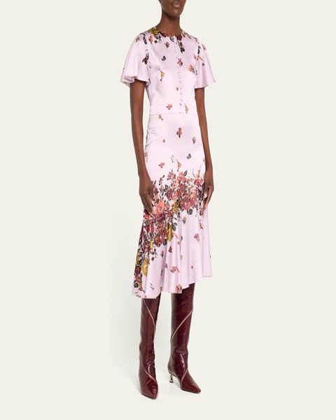 Victoria Flutter-Sleeve Butterfly Print Silk Midi Dress