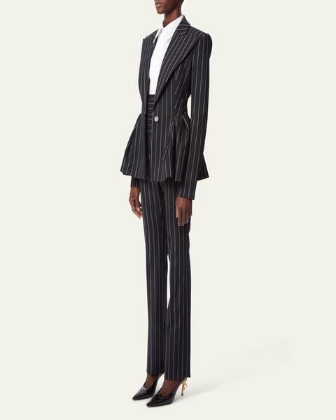 Pinstripe Peplum One-Button Wool Blazer