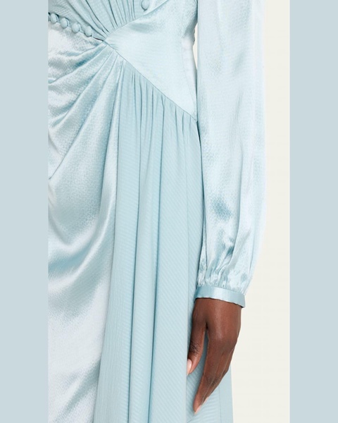 Buttoned Cascade Ruffle Slit Silk Midi Dress