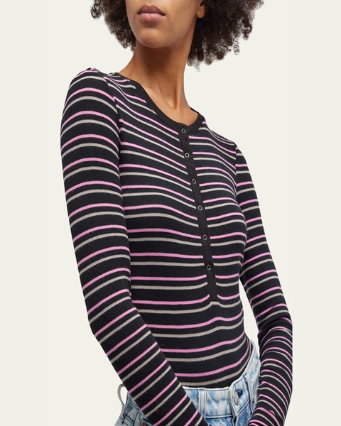 Long-Sleeve Striped Henley Bodysuit