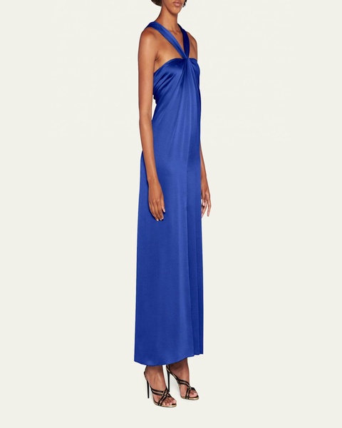 Pleated Halter Slit-Hem Silk Gown