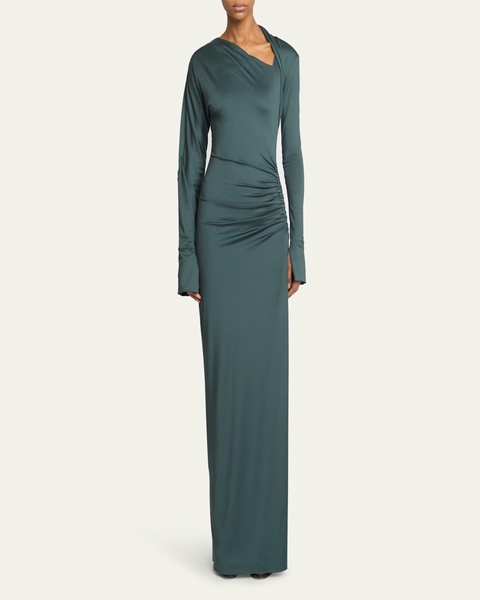 Slash-Neck Long-Sleeve Ruched Jersey Gown