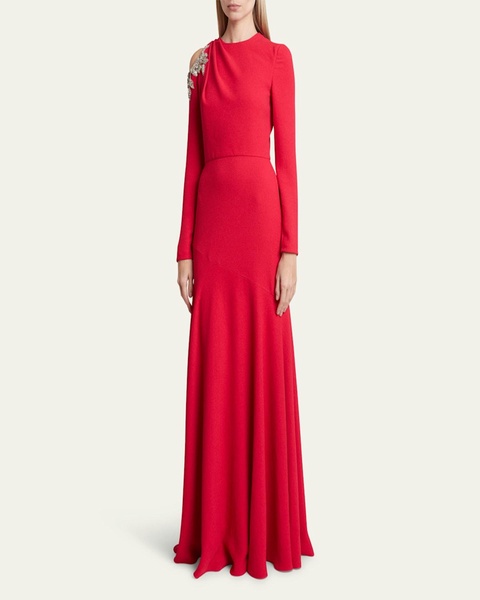 Crystal Embellished Long-Sleeve Evening Gown