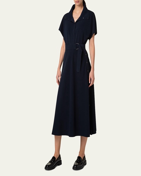 Belted Snap Button Midi Dress