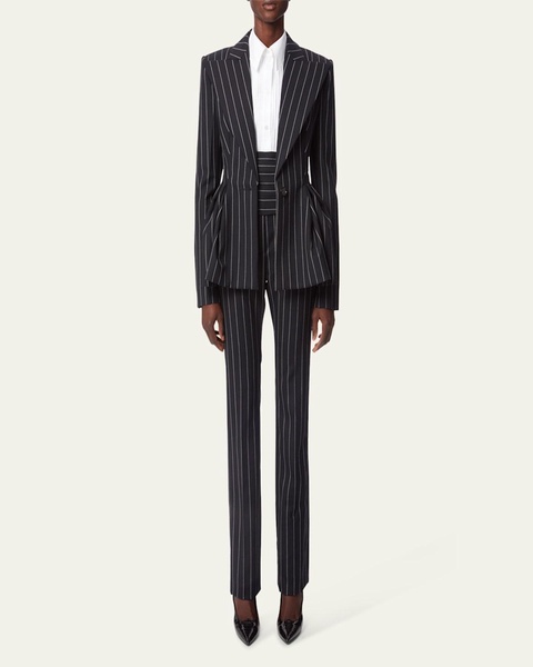 Pinstripe Peplum One-Button Wool Blazer