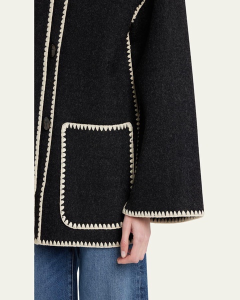 Embroidered Fringe Contrast-Trim Scarf Wool Jacket