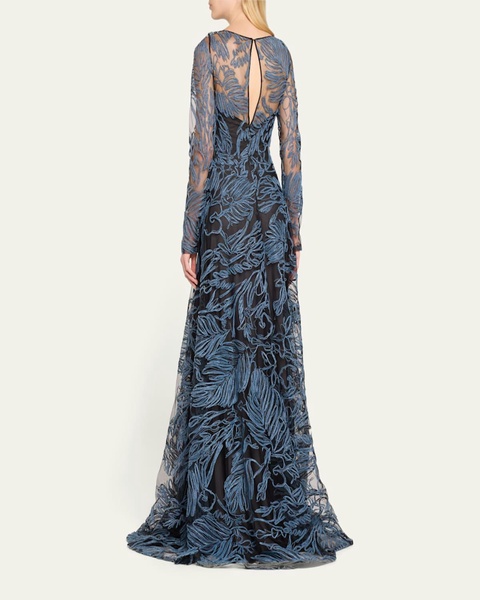 Raffia Embroidered Gown With Sheer Overlay