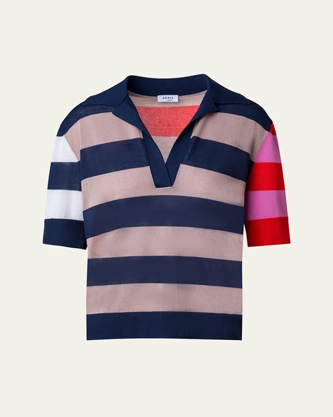 Colorblock Striped Knit Polo Sweater