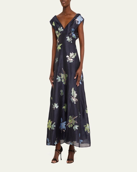 V-Neck Metallic Floral Gingham Jacquard Midi Dress