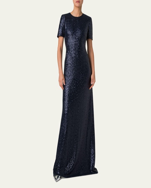 Short-Sleeve Stretch Paillette Jersey Gown