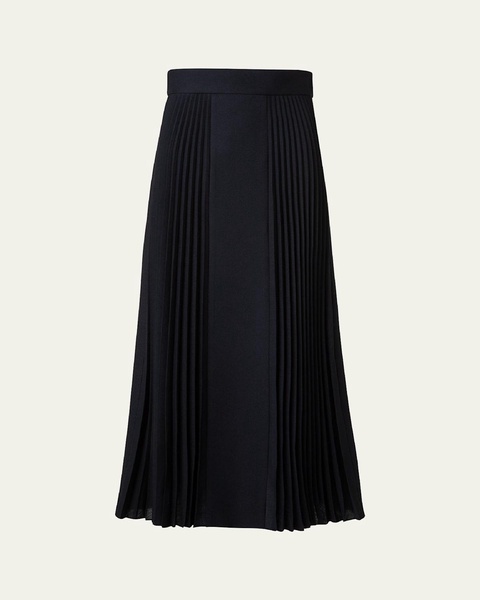 Mixed Media Wool-Blend Plisse Midi Skirt