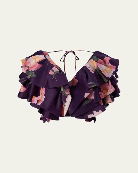 Floral V-Neck Folded Ruffle Crop Top