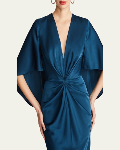 Tomi Pleated Satin Cape Midi Dress