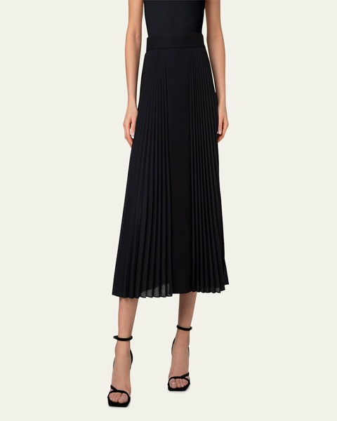 Mixed Media Wool-Blend Plisse Midi Skirt