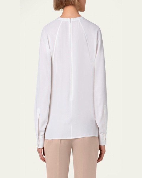 Crewneck Long-Sleeve Silk Crepe Blouse