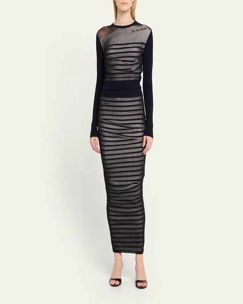 Rib Mariniere Striped Mesh-Inset Maxi Skirt