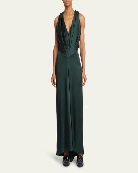 Plunging Pleated Satin Gown