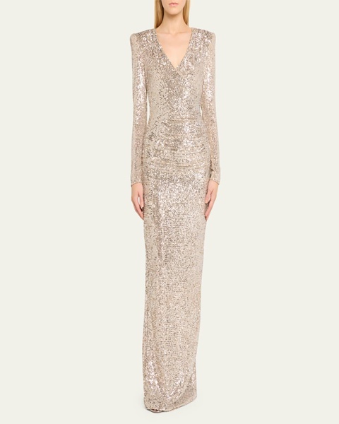 Sequined Column Gathered V-Neck Gown