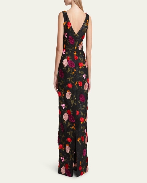 Floral Embroidered Long Sleeveless Column Gown