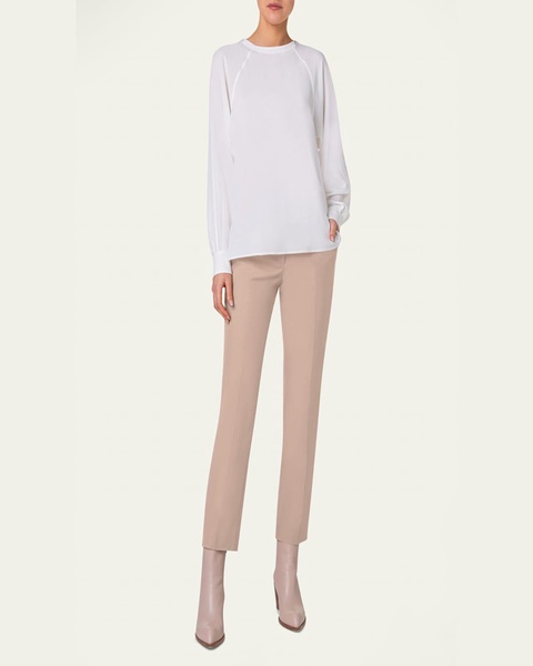 Crewneck Long-Sleeve Silk Crepe Blouse