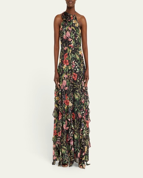 Idella Metallic Floral-Print Ruffle Halter Gown