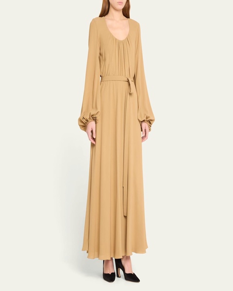 x Atelier Jolie Scoop-Neck Long-Sleeve Belted Silk Maxi Dress