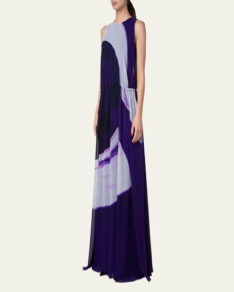 Loop-Print Elastic Silk Crepe Gown