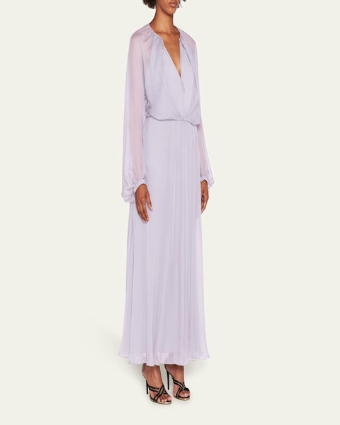 Zip-Front Long-Sleeve Silk Chiffon Layered Gown