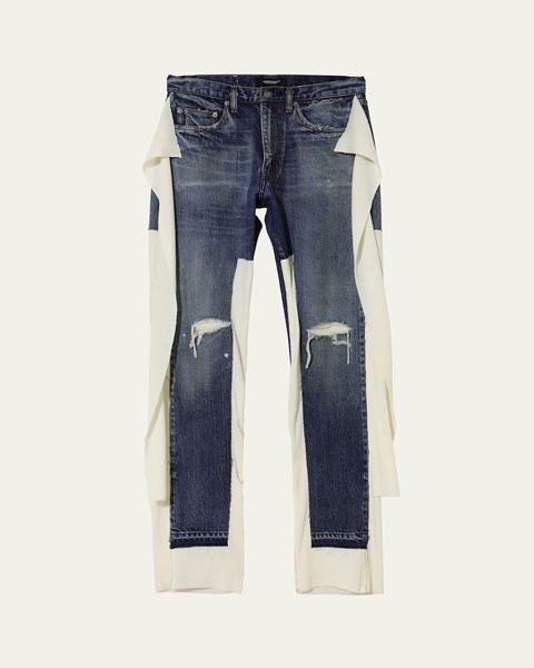 Mixed-Media Denim Pants with Holes