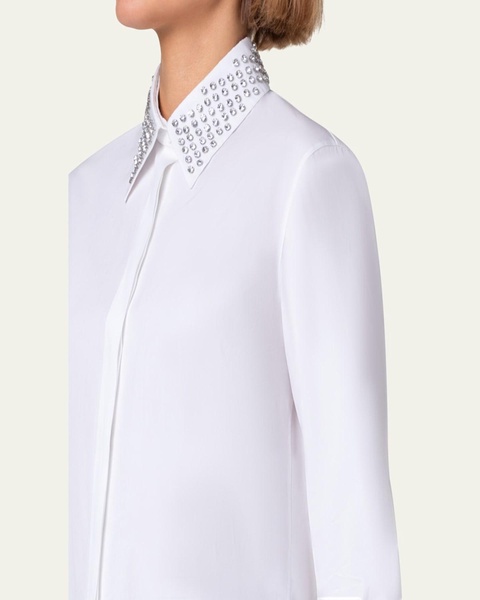 Cotton Poplin Button-Front Blouse with Detachable Crystal and Studs Collar