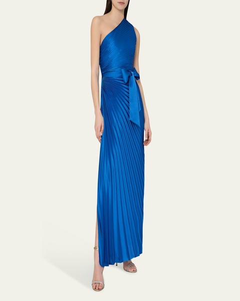 Estelle Pleated One-Shoulder Satin Maxi Dress