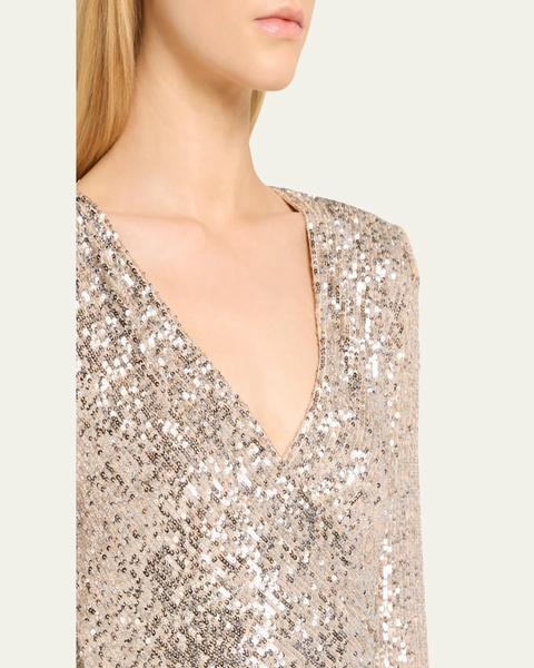 Sequined Column Gathered V-Neck Gown