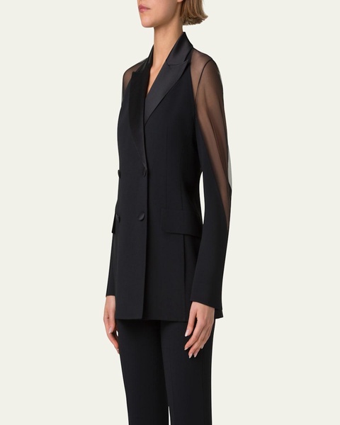 Nadine Tulle-Sleeve Wool Double Breasted Blazer