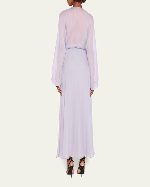 Zip-Front Long-Sleeve Silk Chiffon Layered Gown