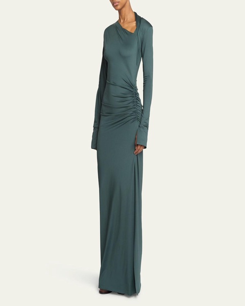 Slash-Neck Long-Sleeve Ruched Jersey Gown