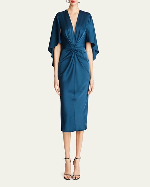 Tomi Pleated Satin Cape Midi Dress