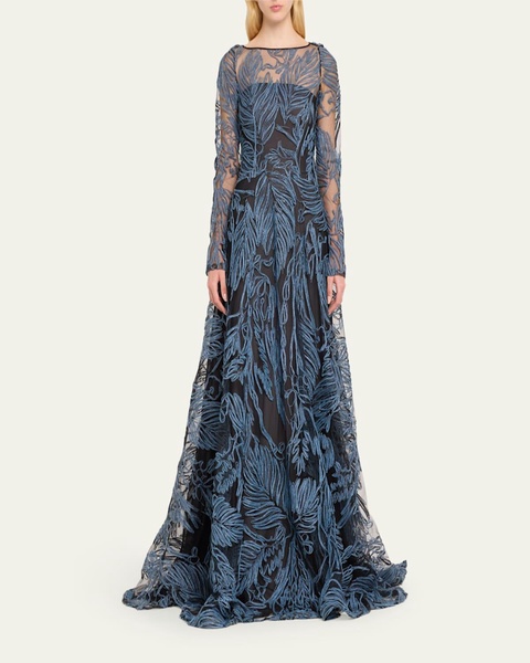 Raffia Embroidered Gown With Sheer Overlay