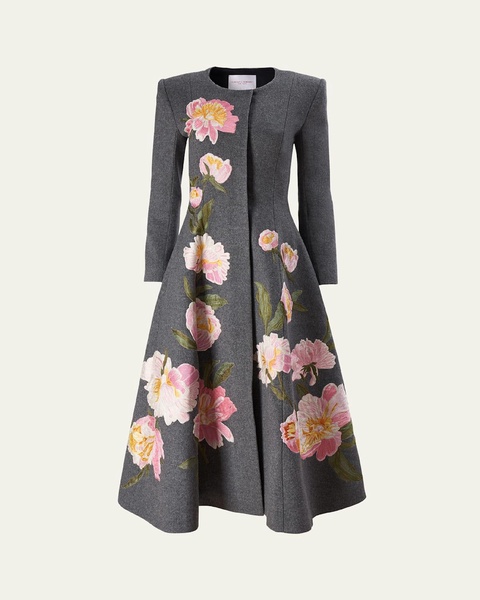 Floral Embroidered Strong-Shoulder Collarless A-Line Coat