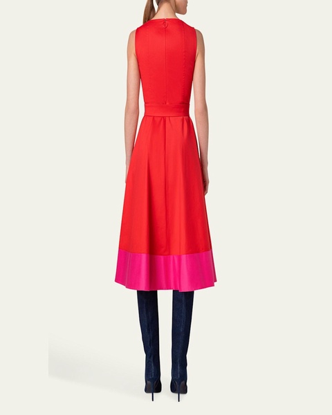 Cotton Poplin Colorblock Midi Dress with Belted Waist