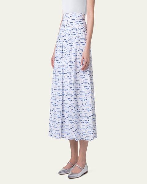 Kasuri Bird Print Pleated Voile Midi Skirt