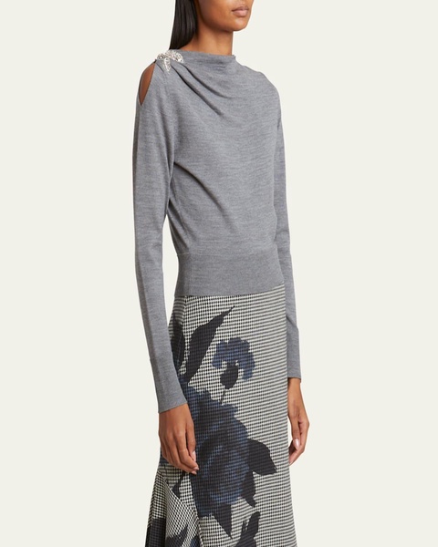 Draped Cutout Sleeve Crystal Patch Wool Sweater