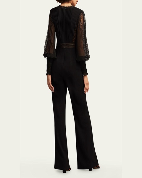 Pleated Lace-Inset Crepe Jumpsuit